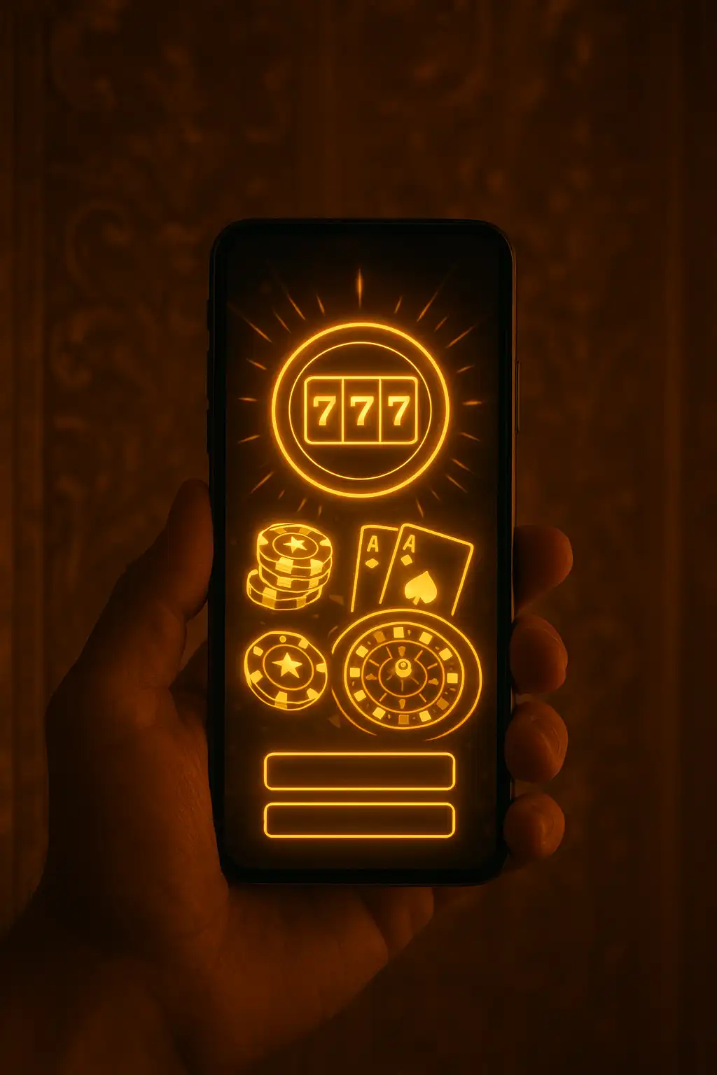 Smartfon wyświetlający lobby gier Wintino w bursztynowej kolorystyce